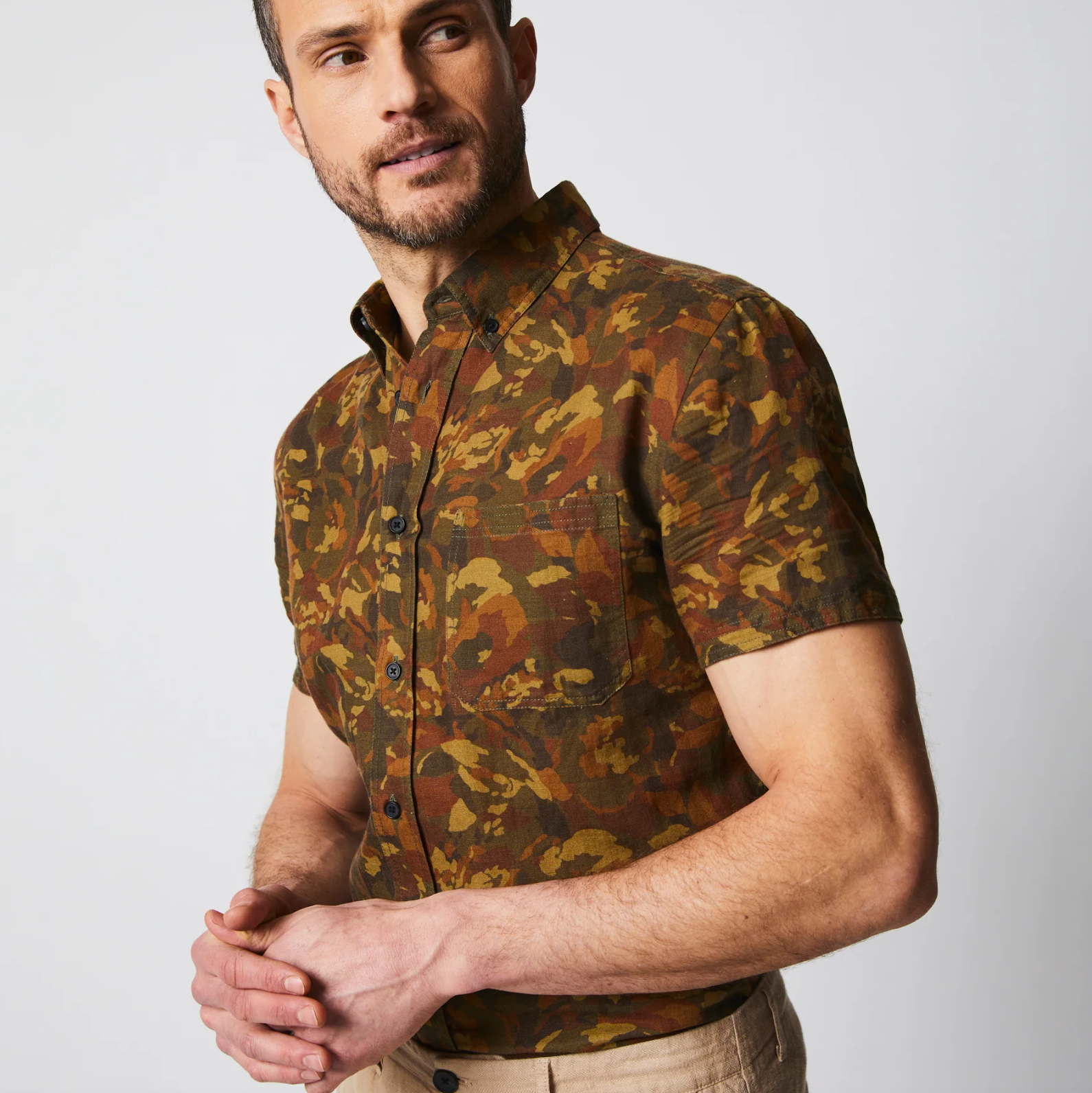 Billy Reid Tuscumbia Linen Short Sleeve Shirt Olive Multi Patter