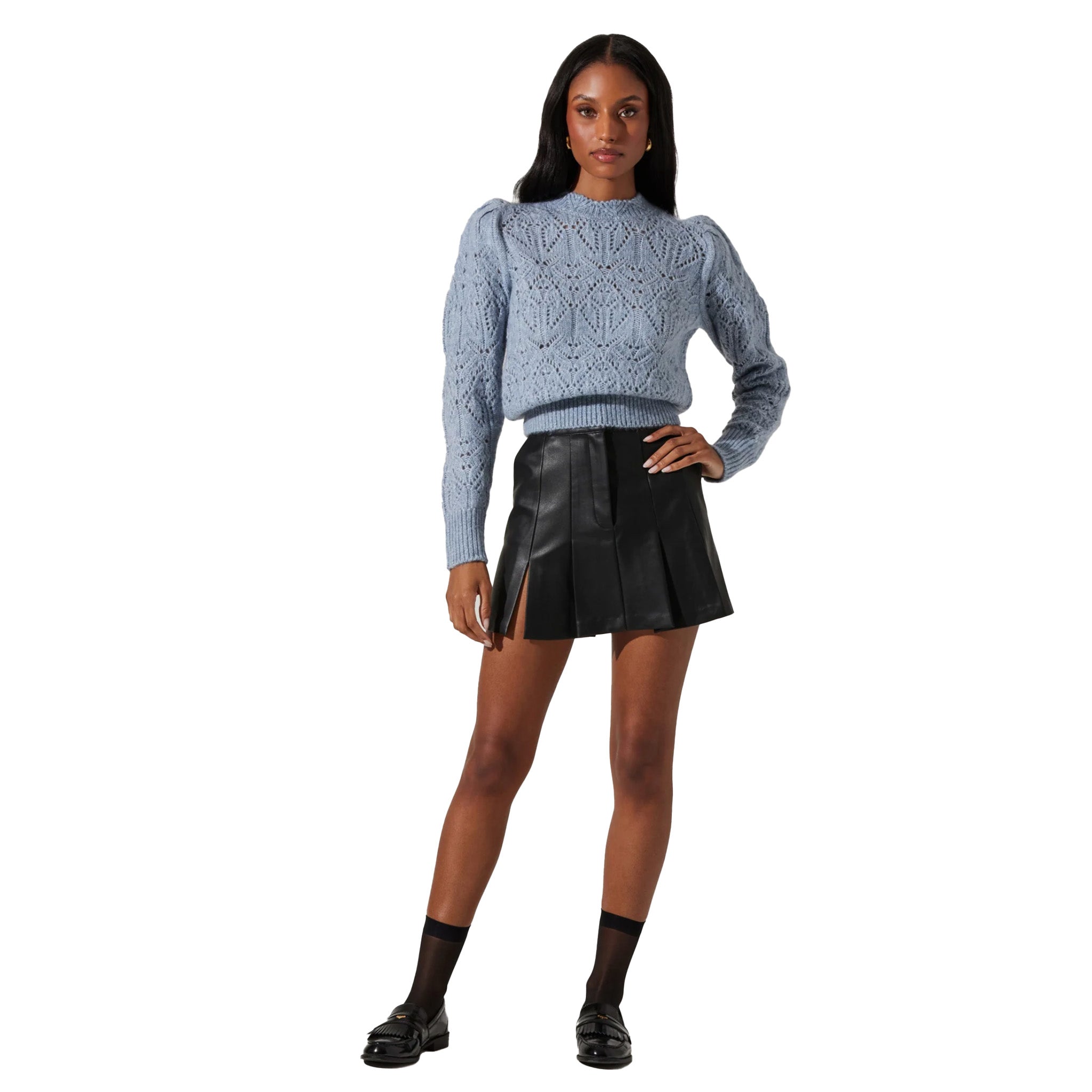 ASTR - Evy Pointelle Puff Sleeve Sweater - Steel Blue