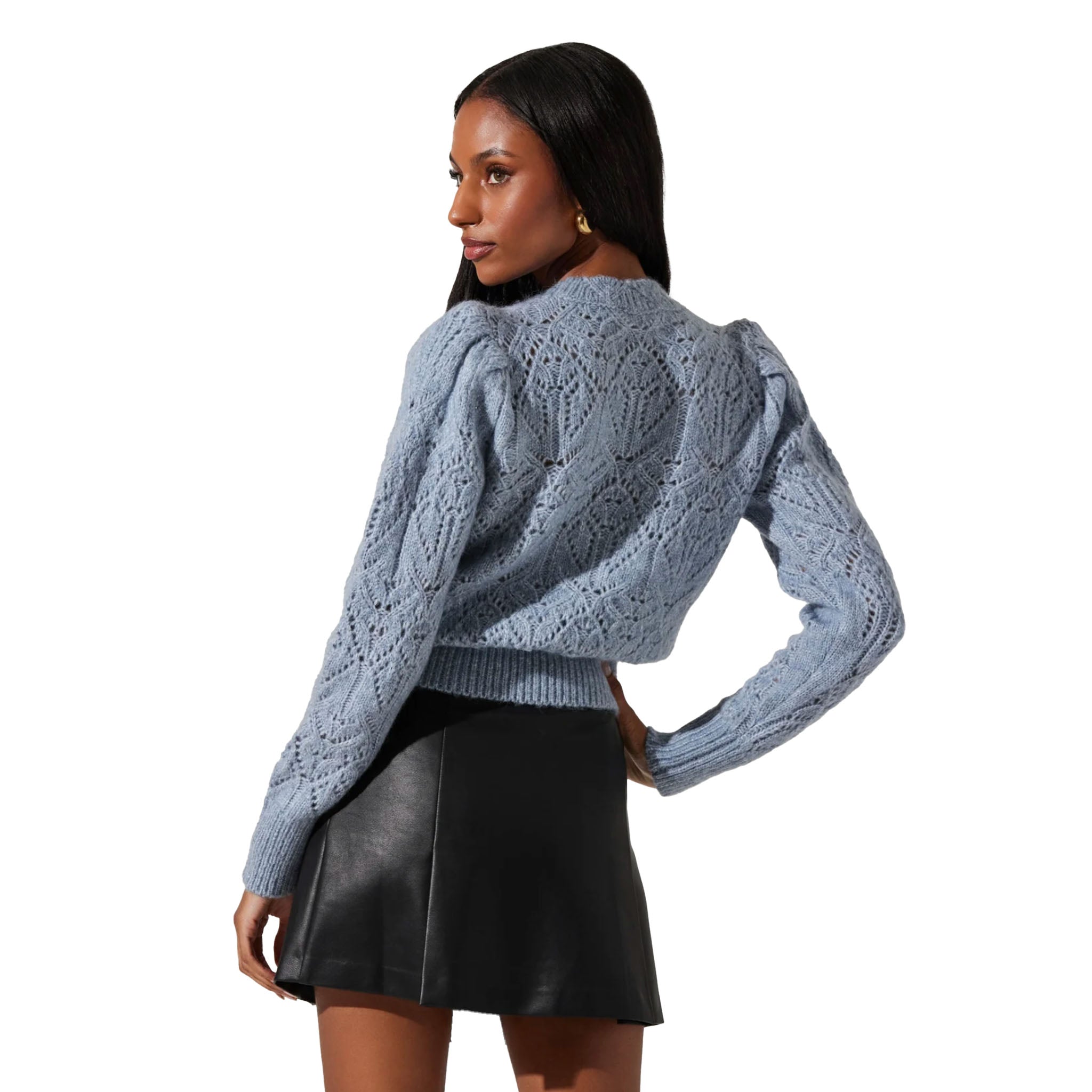 ASTR - Evy Pointelle Puff Sleeve Sweater - Steel Blue