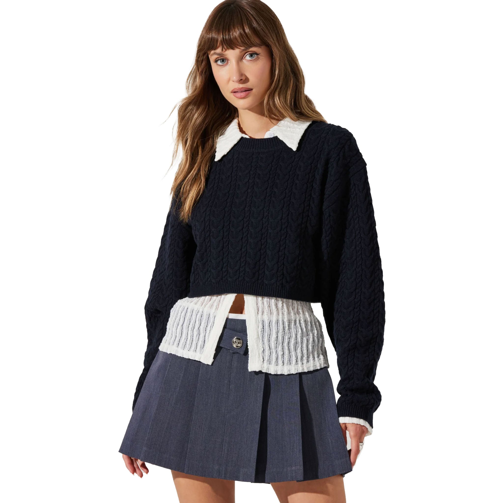 ASTR - Jorah Cropped Cable Knit Sweater - Midnight