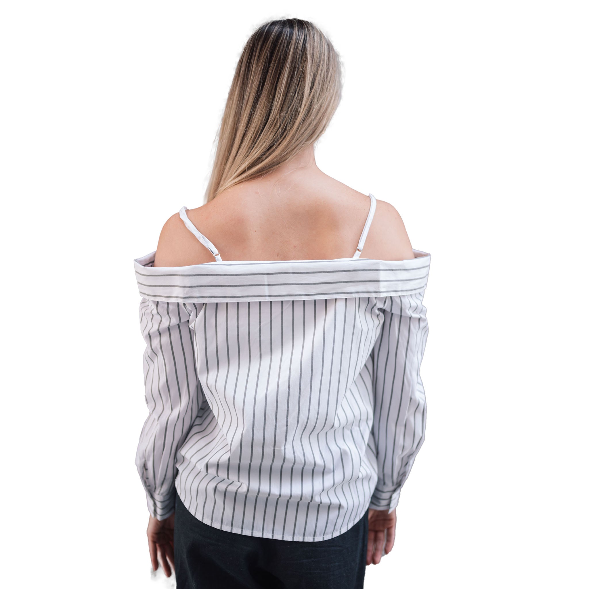 Elan - Off The Shoulder Button Up Shirt - White / Grey Stripe