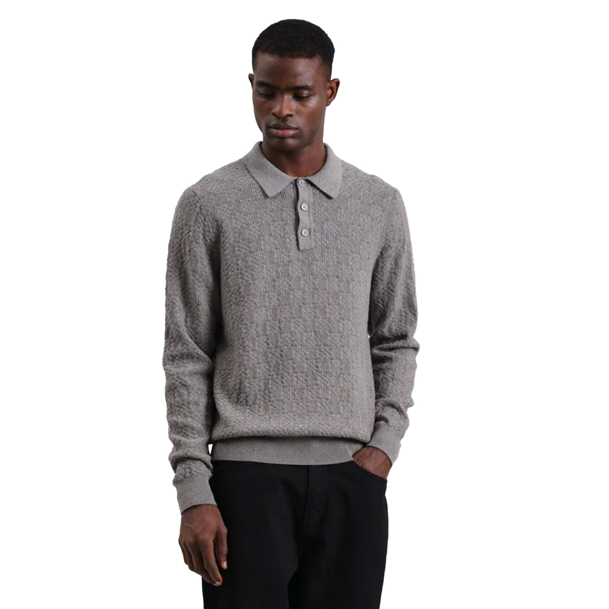 Wax London - Oban Check Stitch Polo - Grey Marl