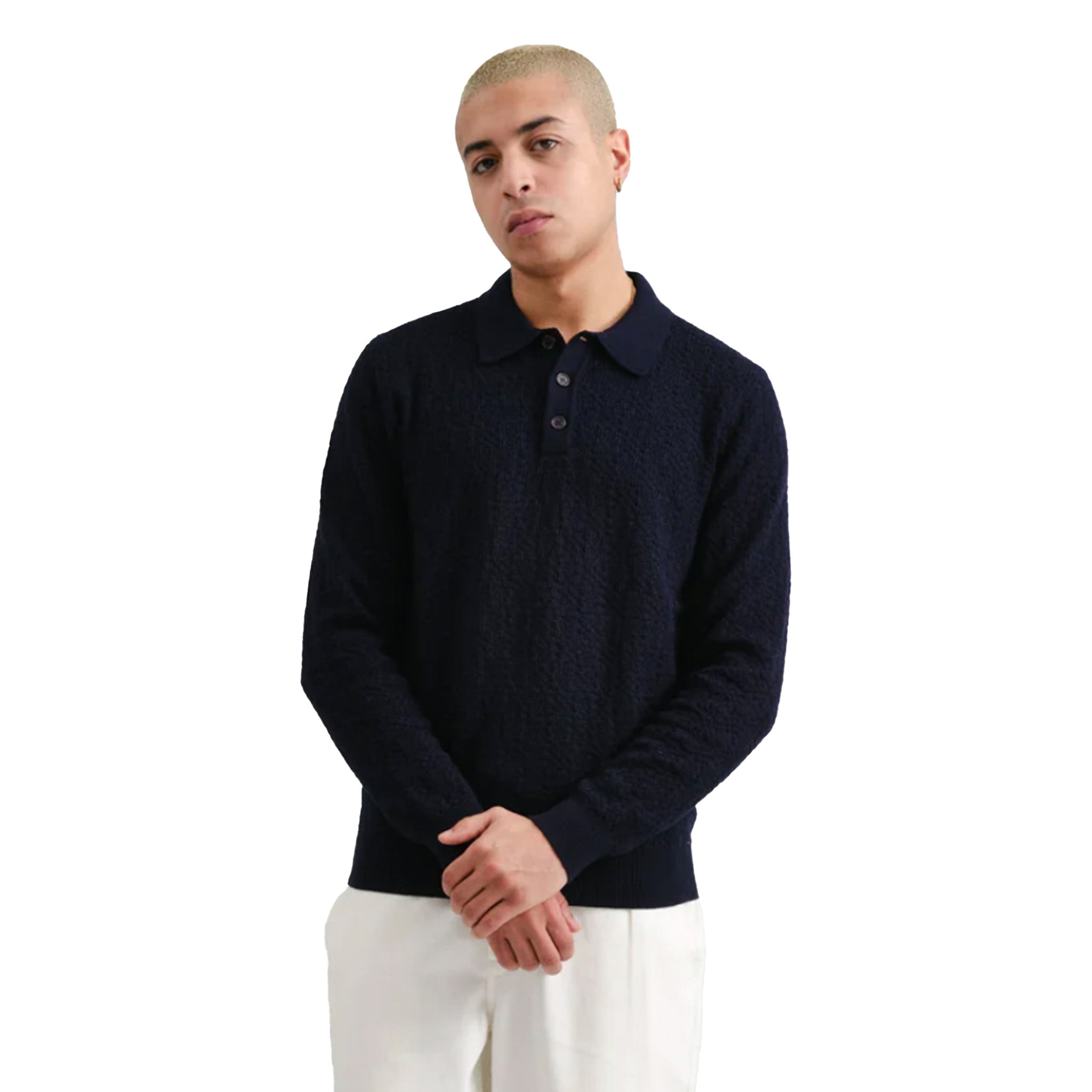 Wax London - Oban Check Stitch Polo - Navy