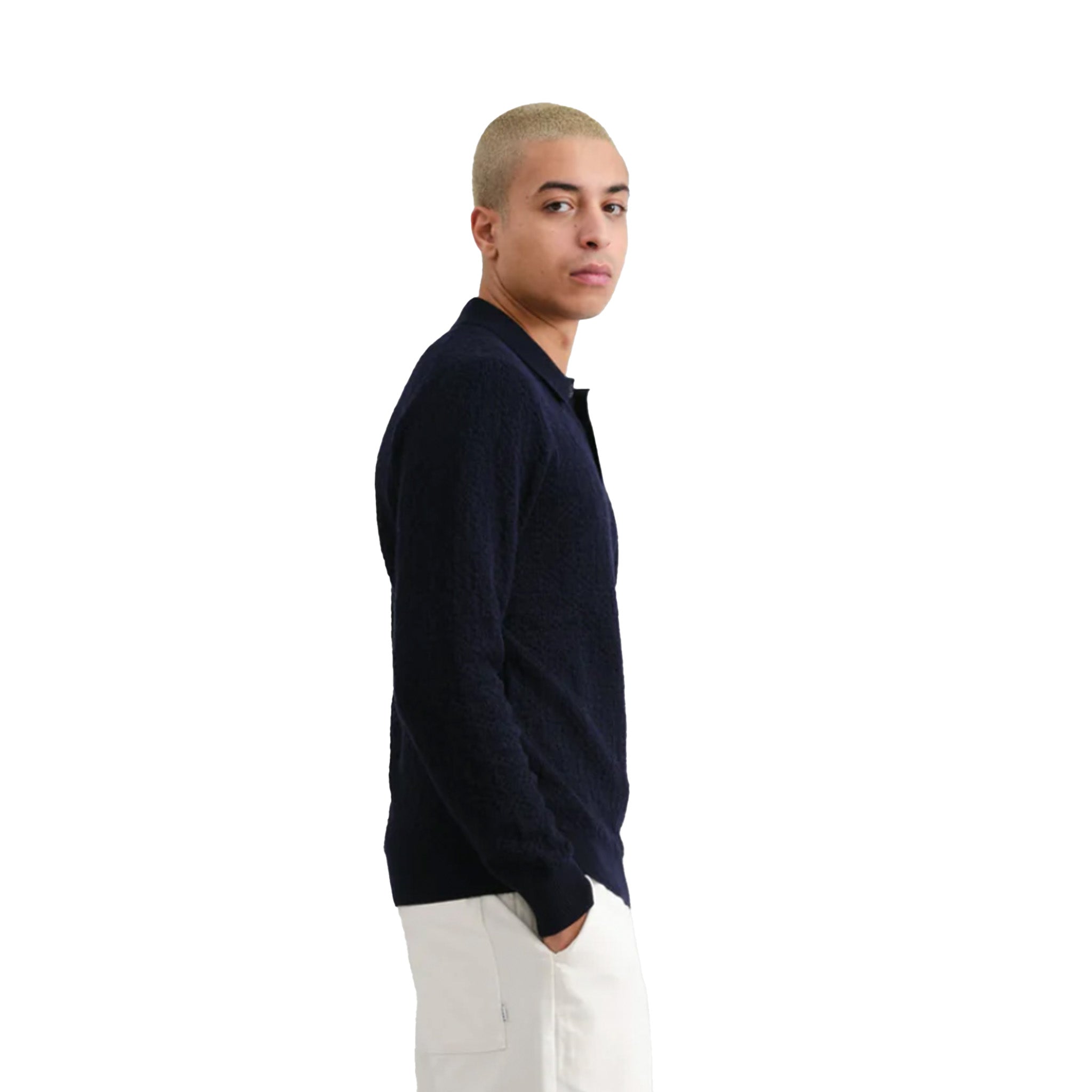 Wax London - Oban Check Stitch Polo - Navy