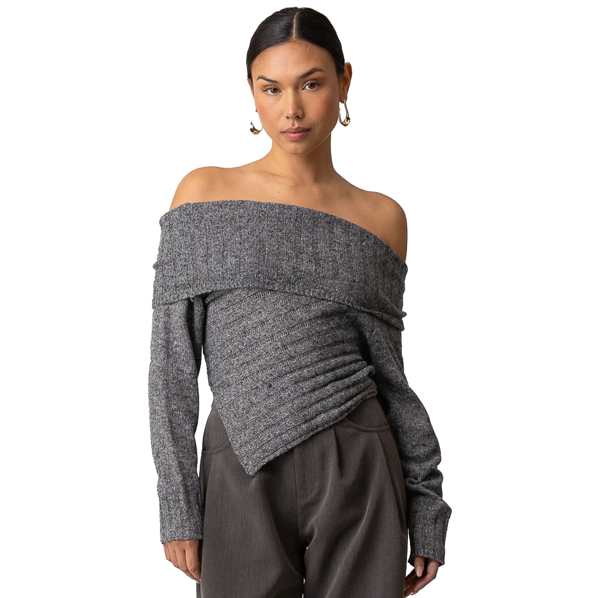 Line & Dot - Betty Off The Shoulder Sweater - Charcoal Grey