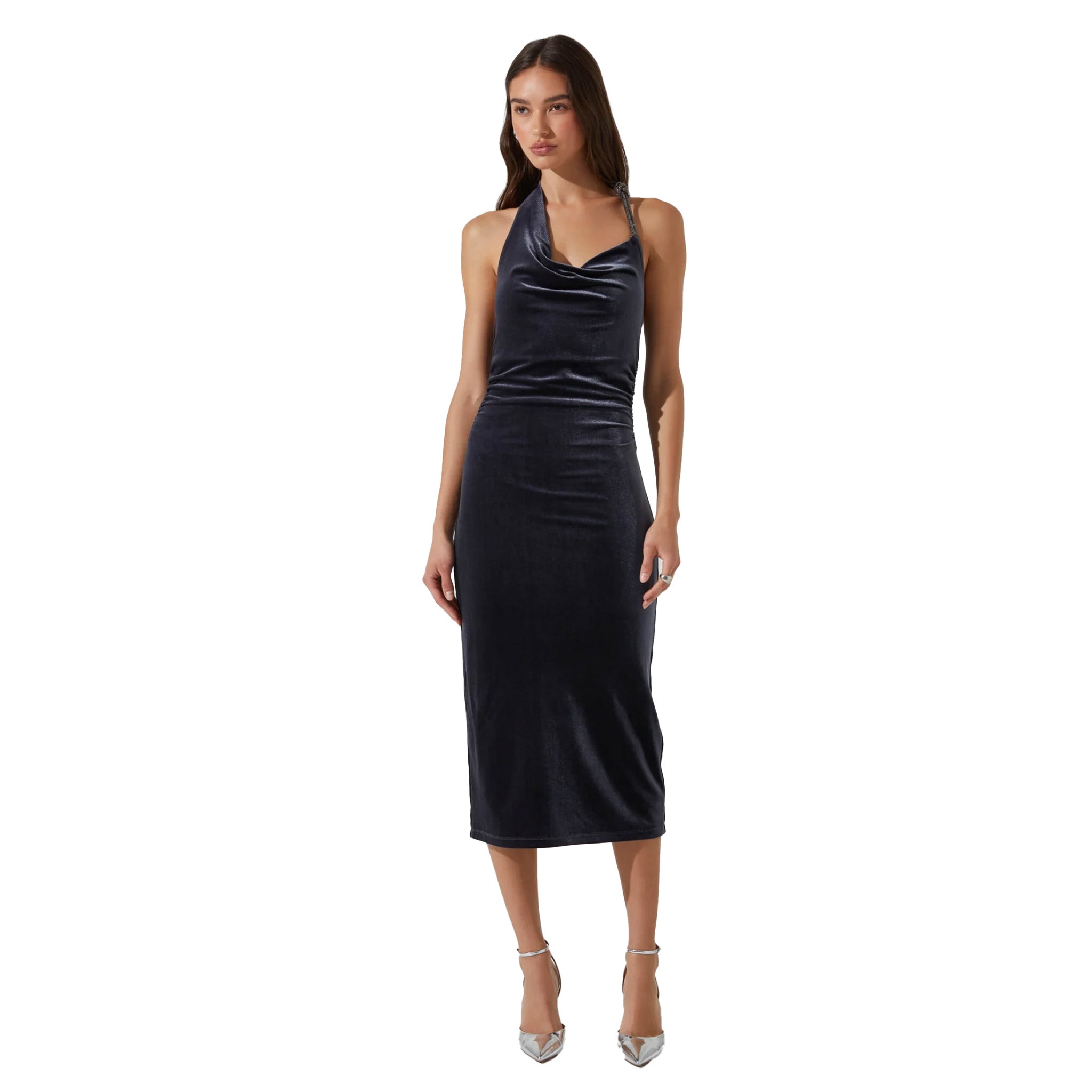 ASTR - Eugenie Velvet Halter Midi Dress - Grey Blue