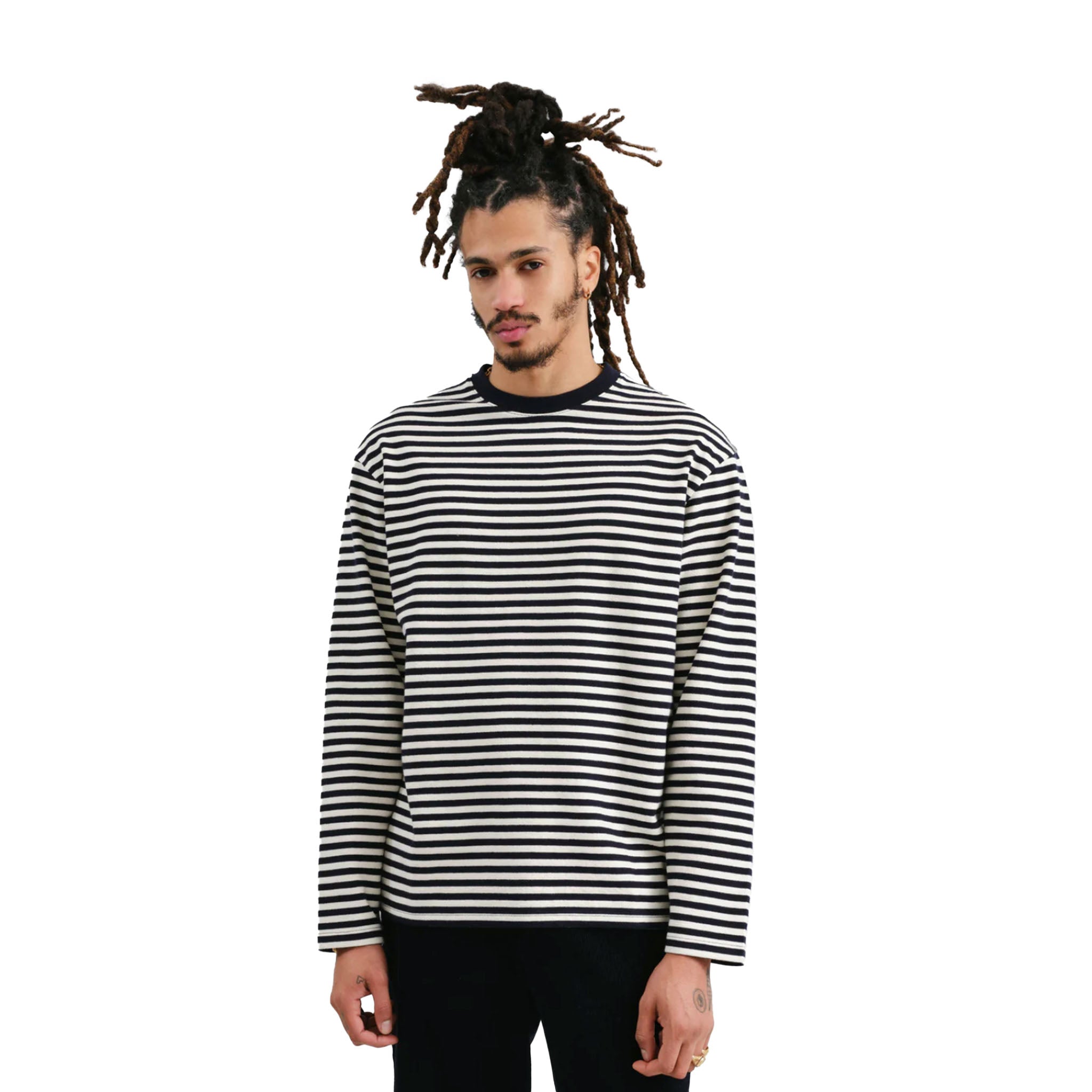 Wax London - Peak L/S Jolt Texture Stripe T-Shirt - Navy / Ecru