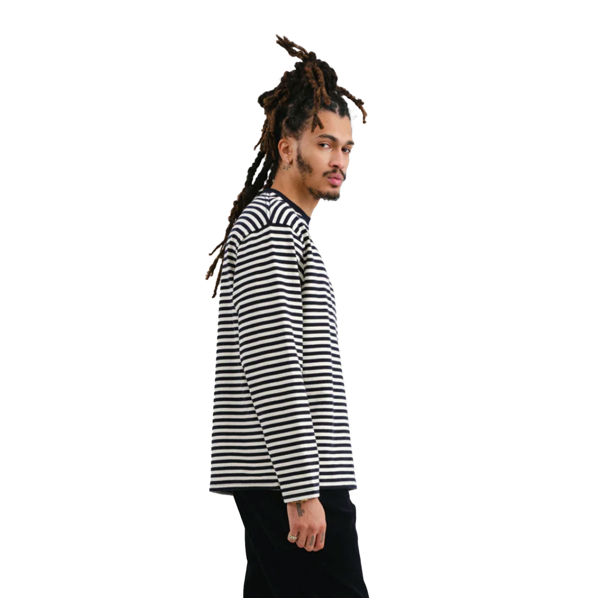 Wax London - Peak L/S Jolt Texture Stripe T-Shirt - Navy / Ecru