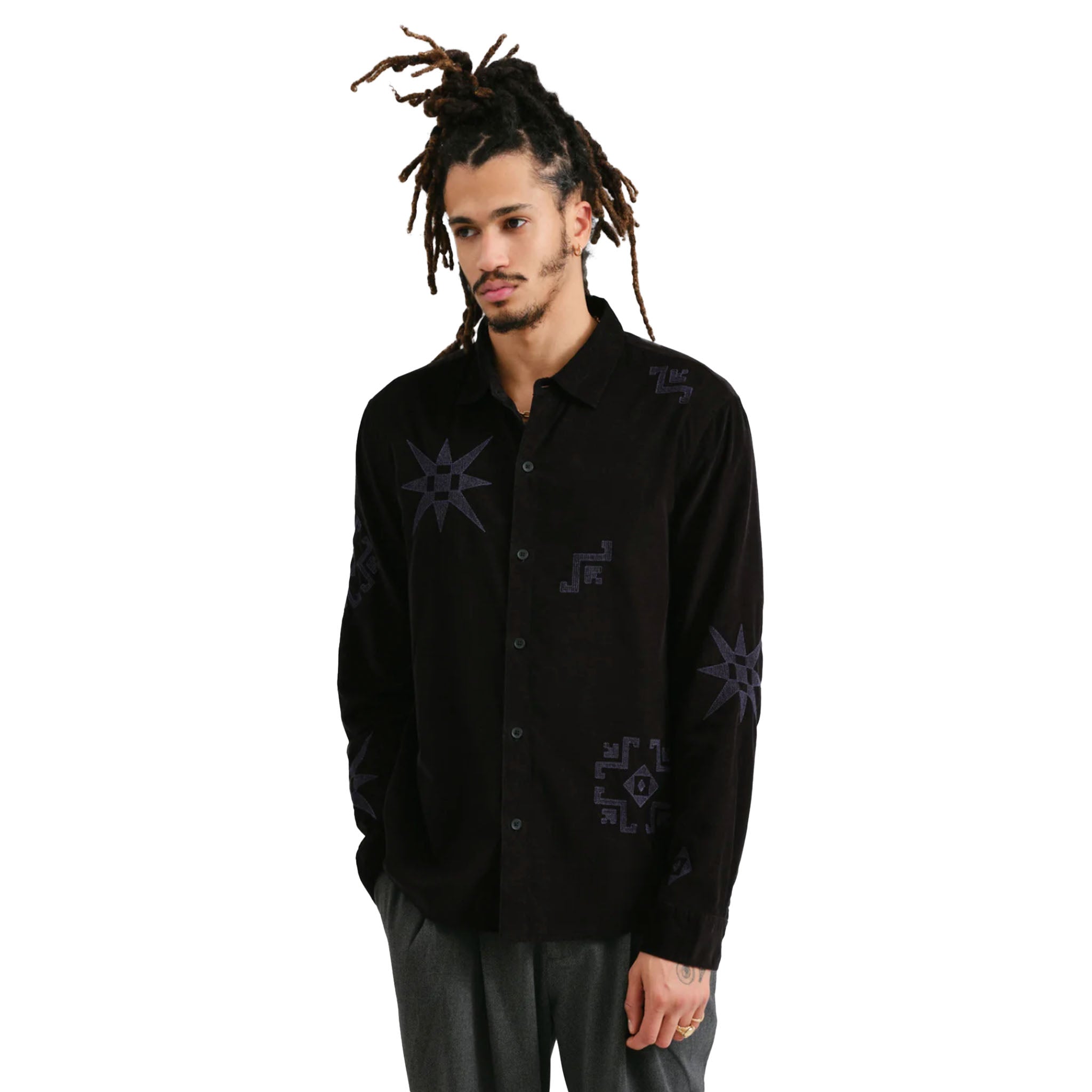 Wax London - Trin Cord Geo Embroidery Shirt - Black