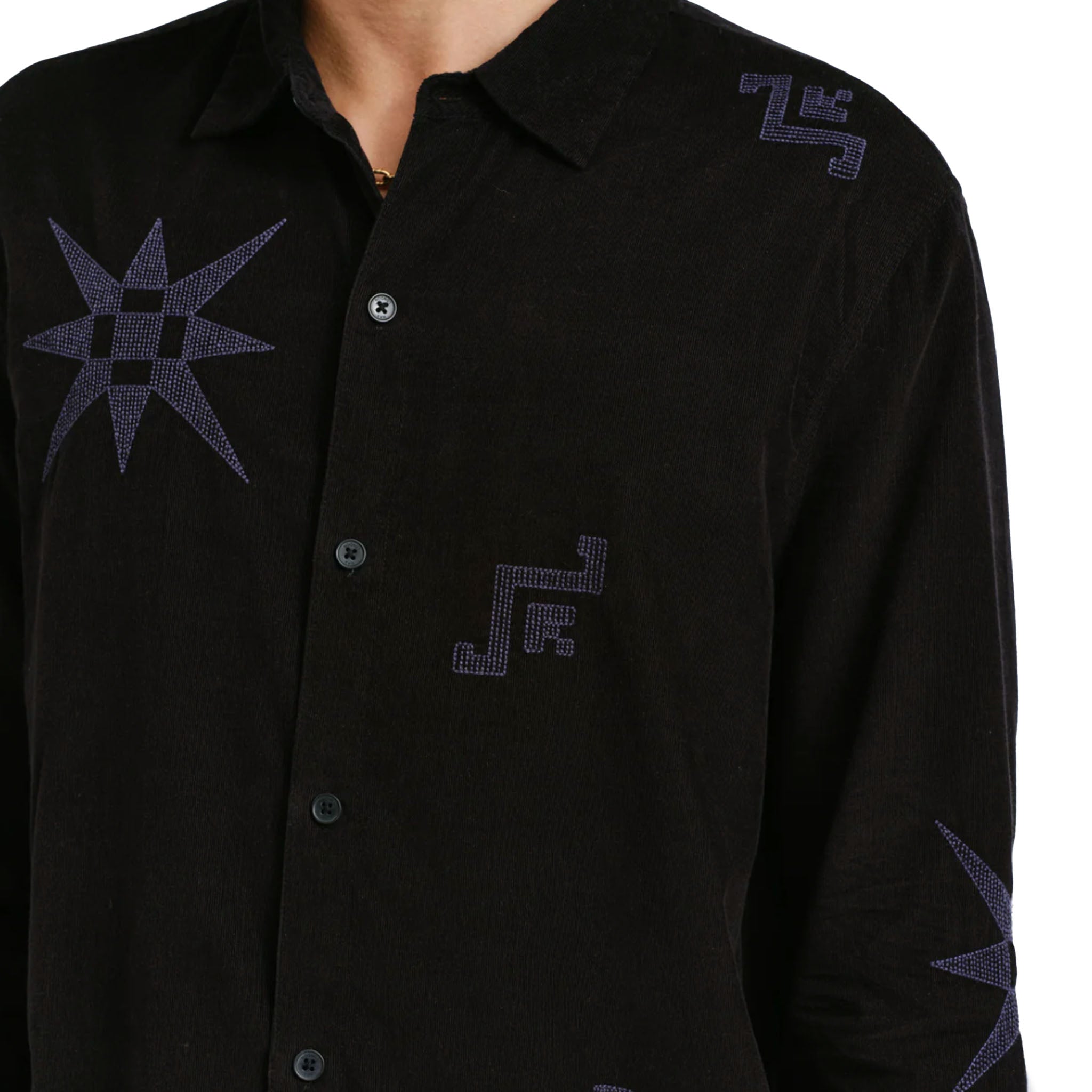 Wax London - Trin Cord Geo Embroidery Shirt - Black