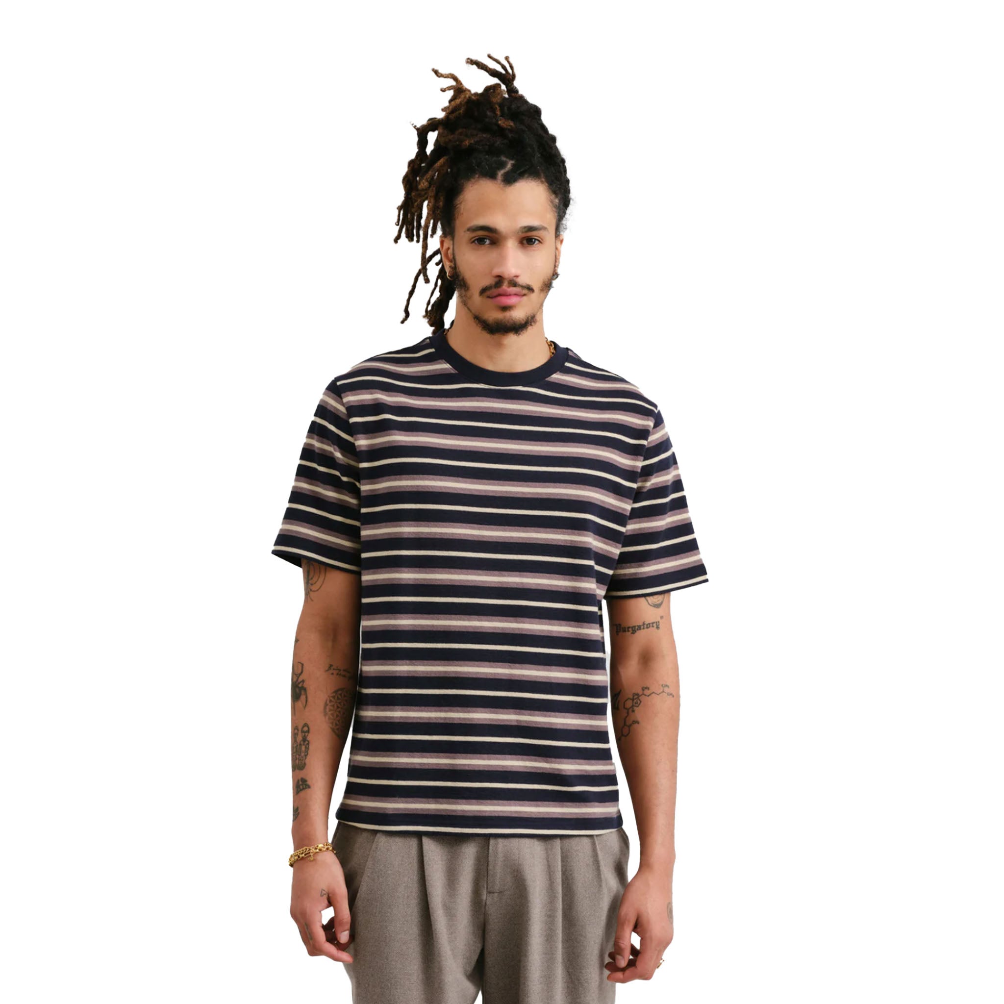 Wax London - Dean Hay Stripe Tee - Navy / Sand