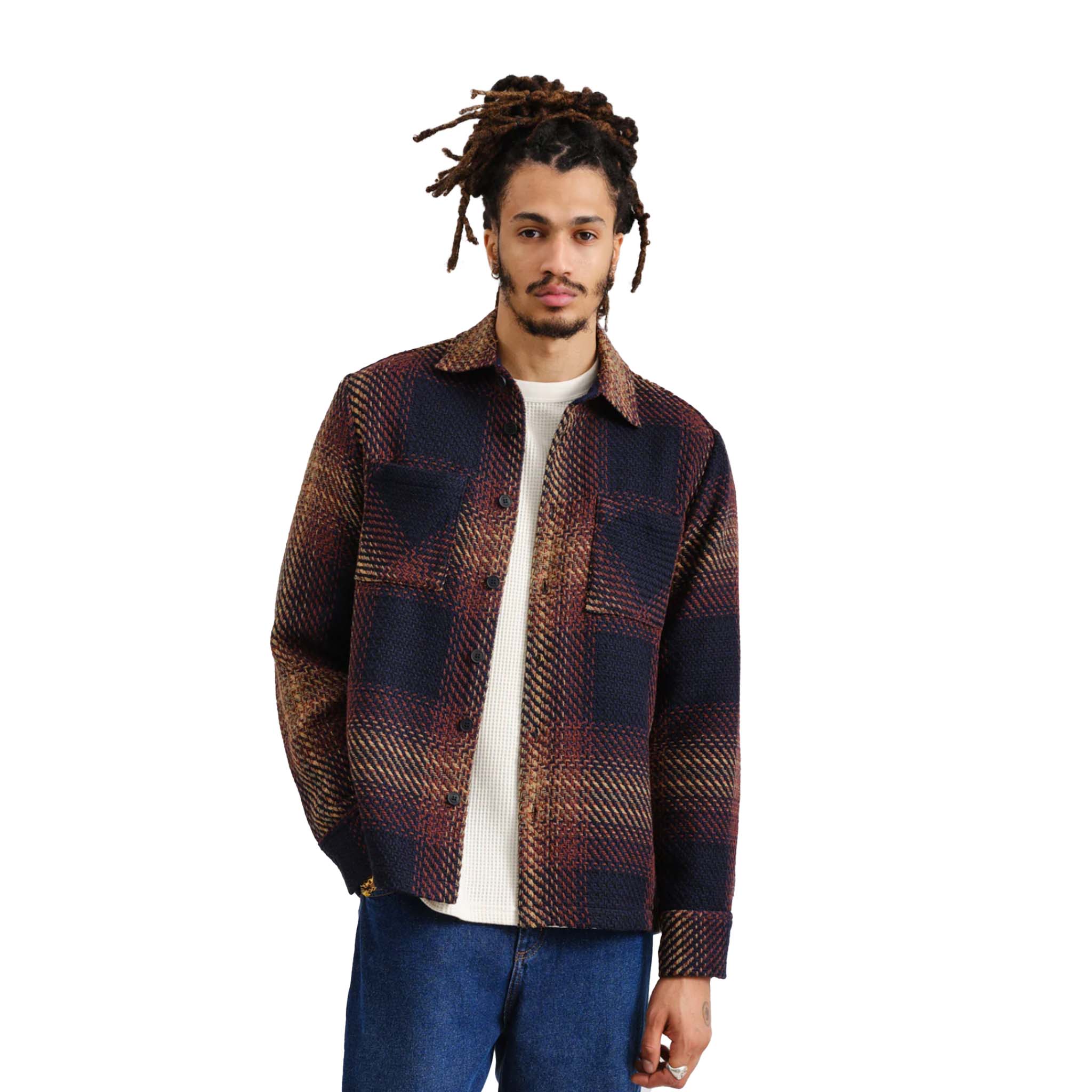 Wax London - Whiting Ombre Giant Windowpane Overshirt - Navy / Caramel