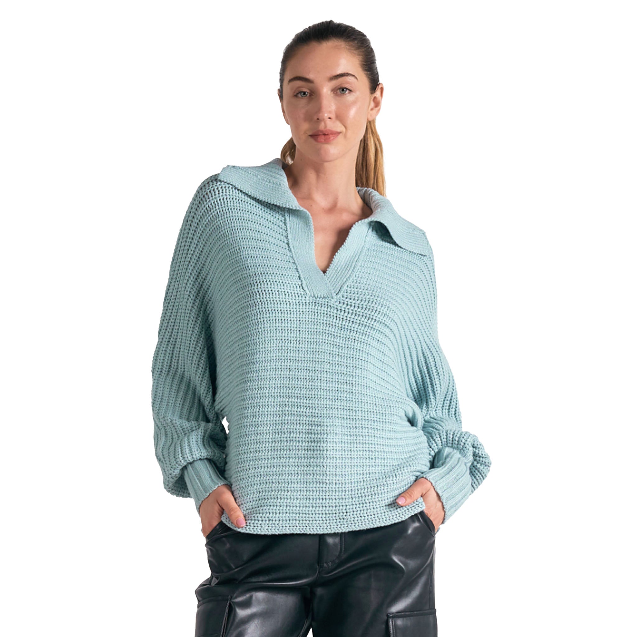 Elan - V Neck Sweater With Open Collar - Light Green