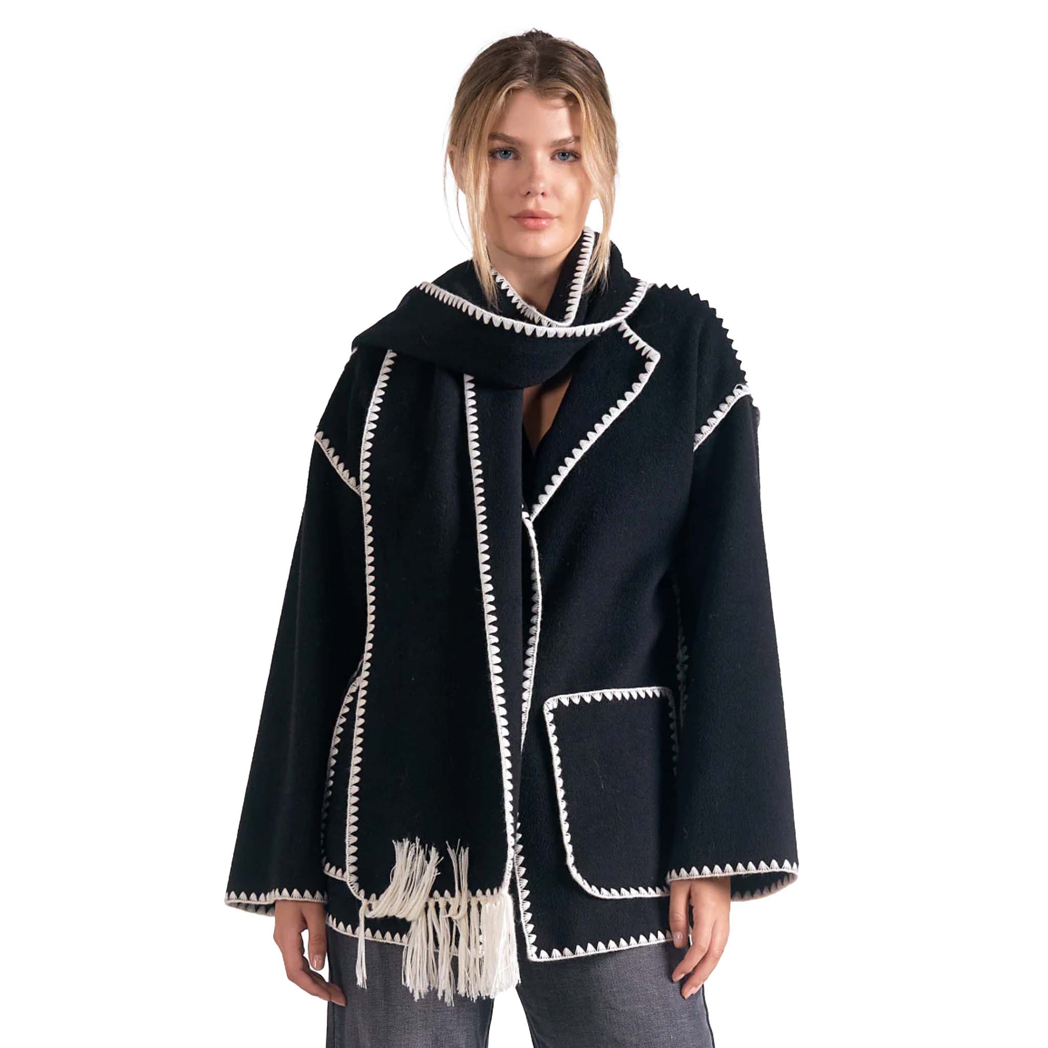 Elan - Whipstitch Scarf Coat - Black