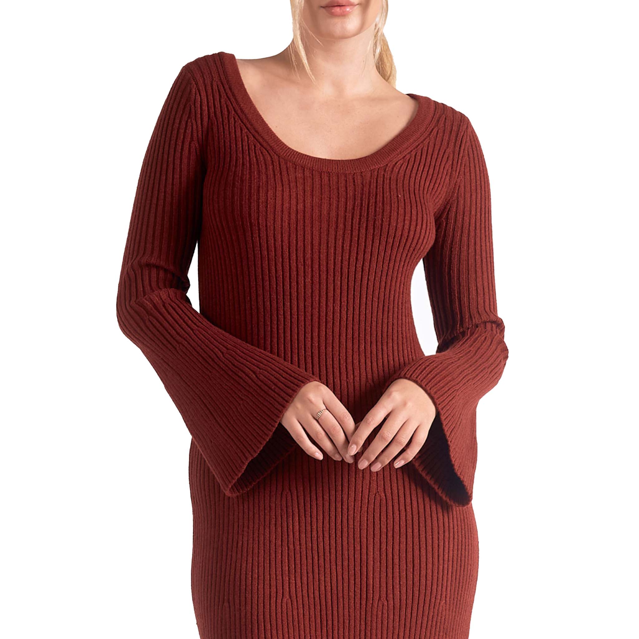 Elan - Midi Sweater Dress With Flare Sleeve - Brick