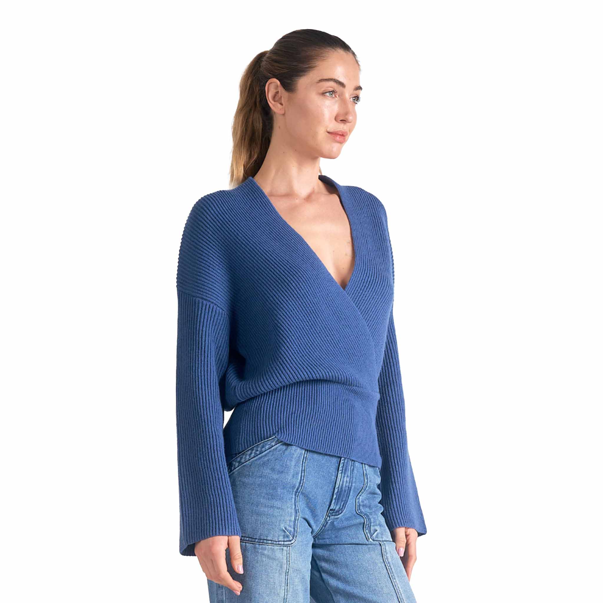 Elan - Cross Front V Neck Sweater - Blue