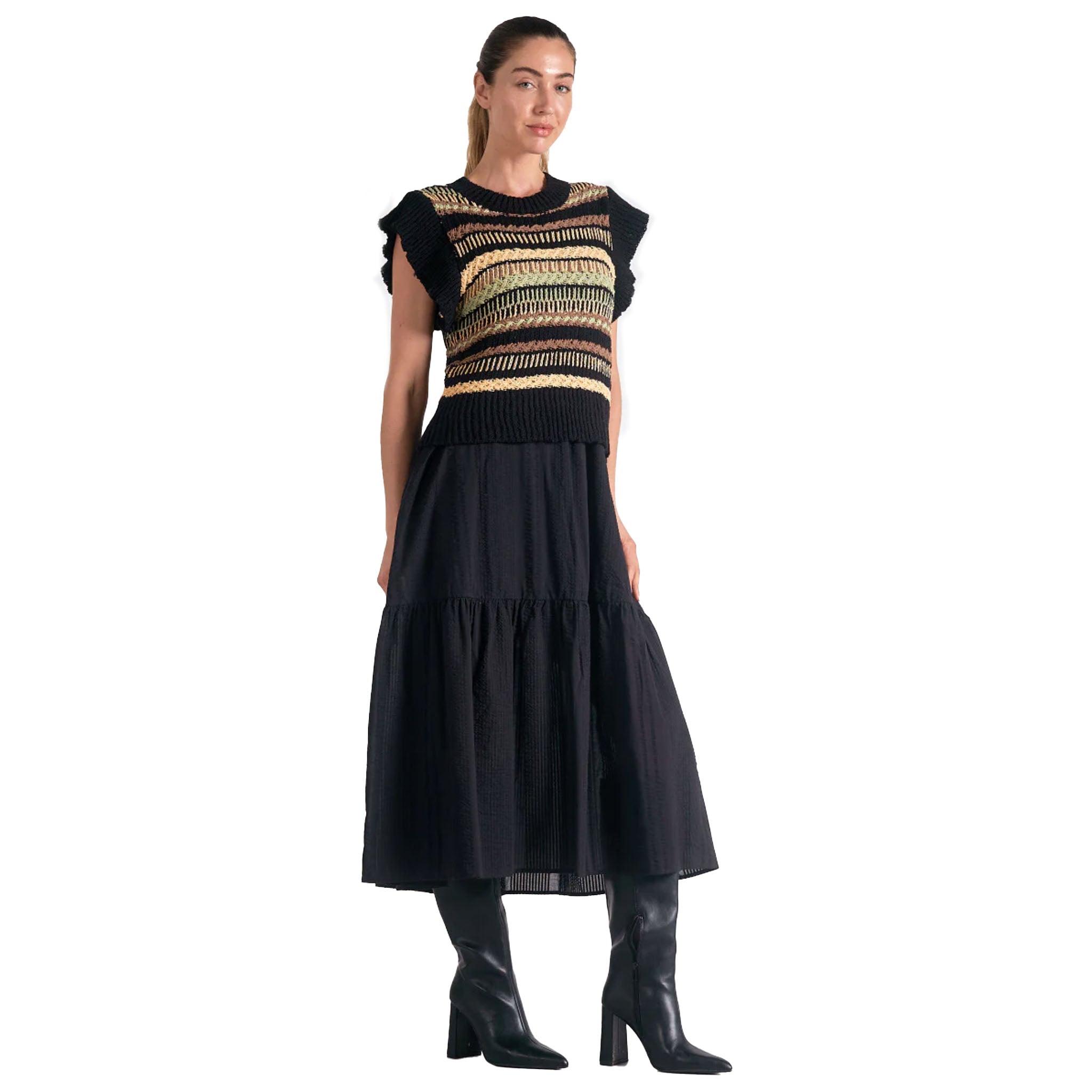 Elan - Mixed Media Two-Piece Maxi Dress - Black