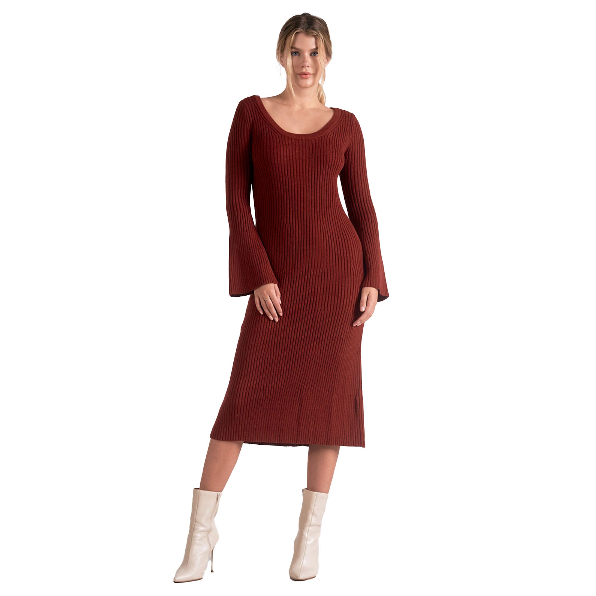 Elan - Midi Sweater Dress With Flare Sleeve - Brick