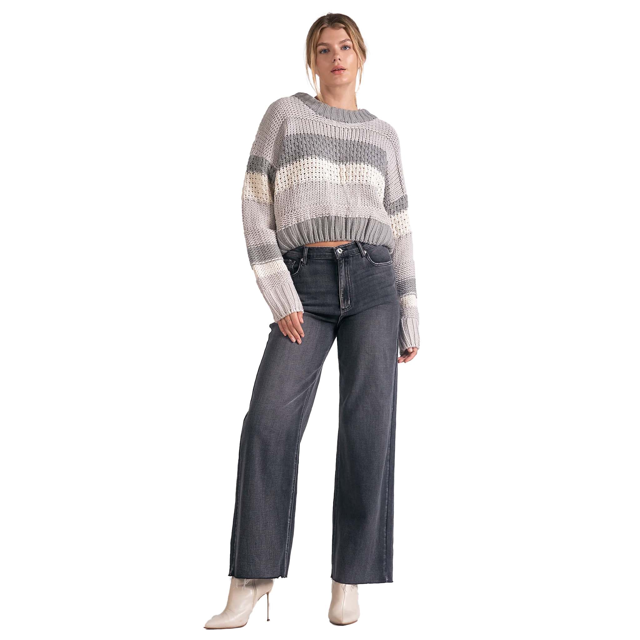 Elan - Chunky Knit Striped Sweater - Grey