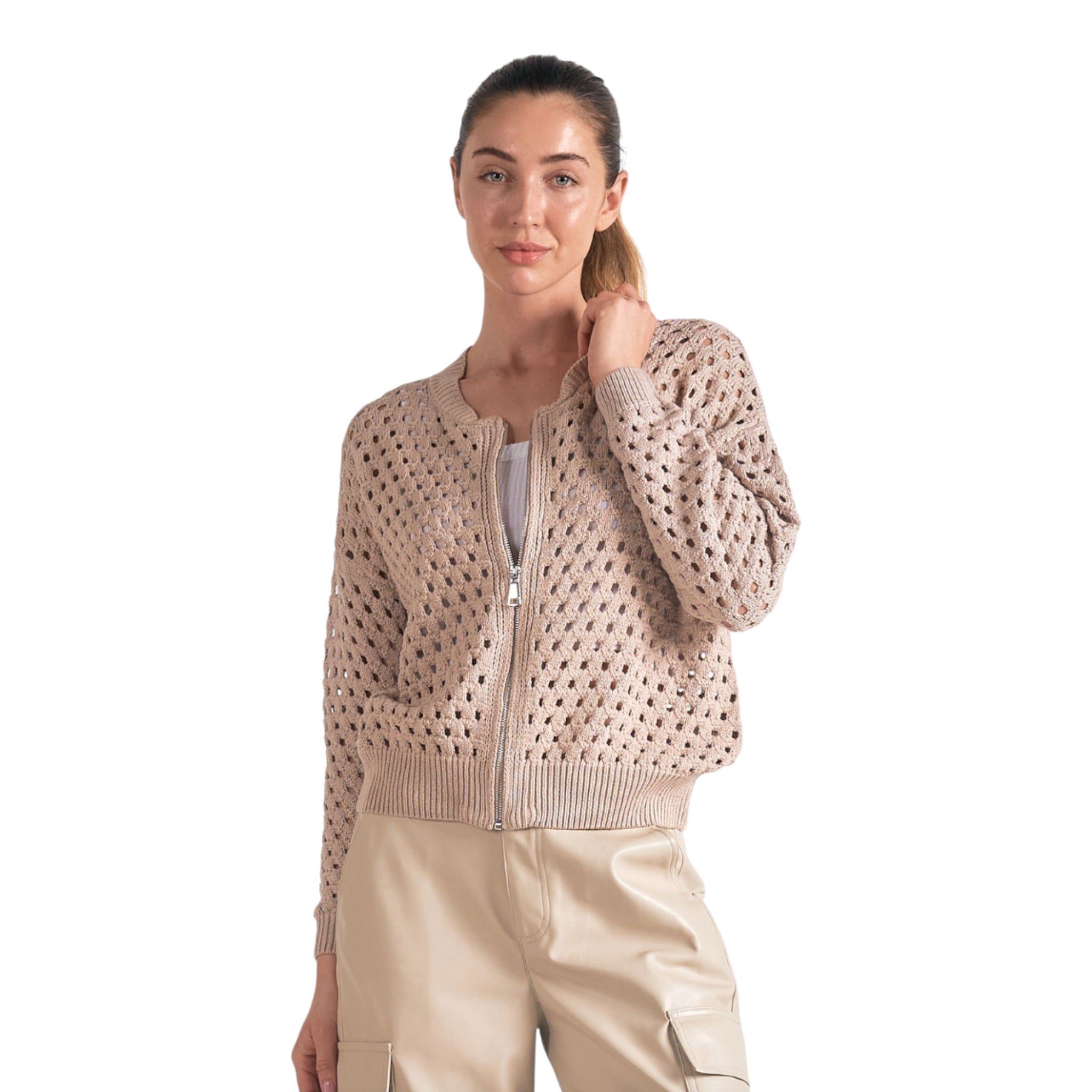 beige colored open knit bomber jacket with silver zipper.