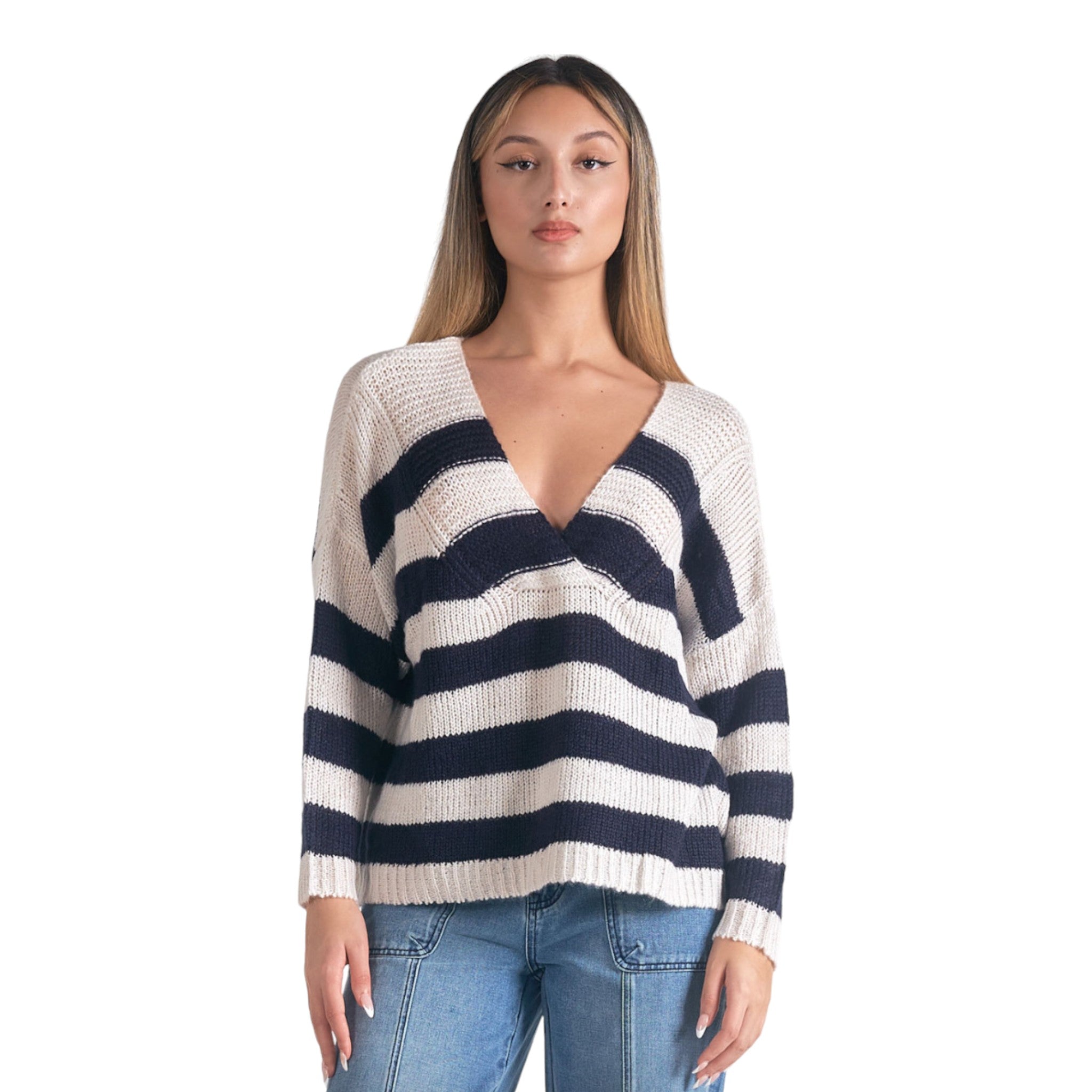 Navy and white striped v neck sweater.