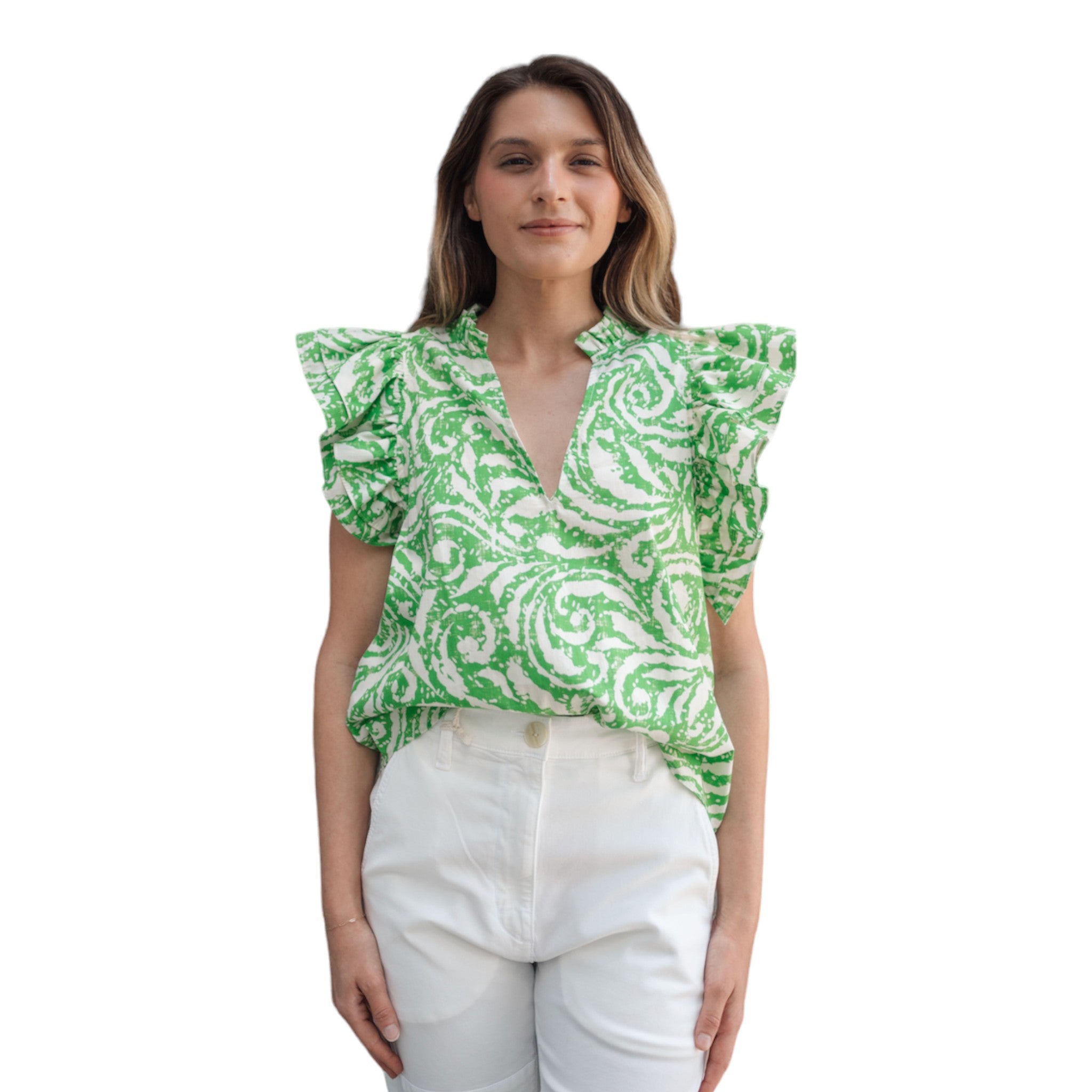 Green and white flowy short sleeve V neck top