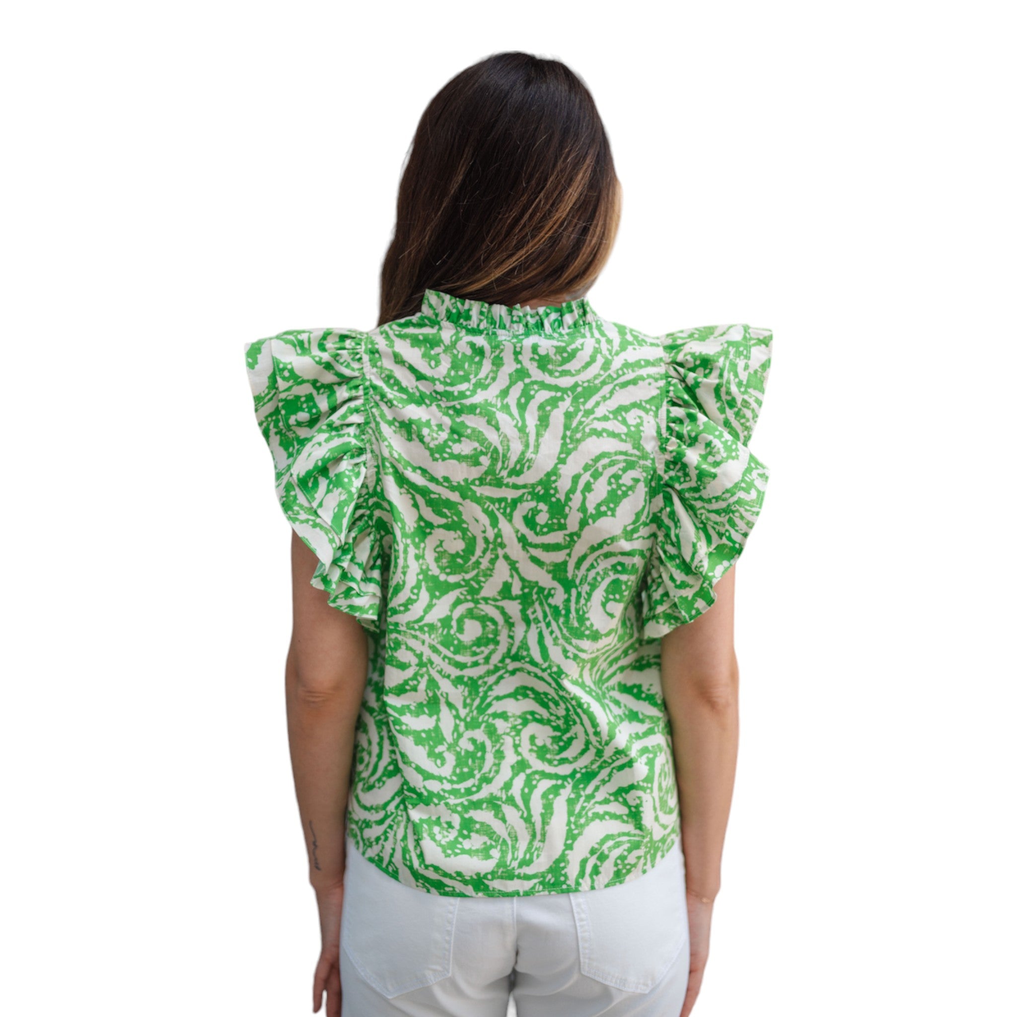 Green and white flowy short sleeve V neck top