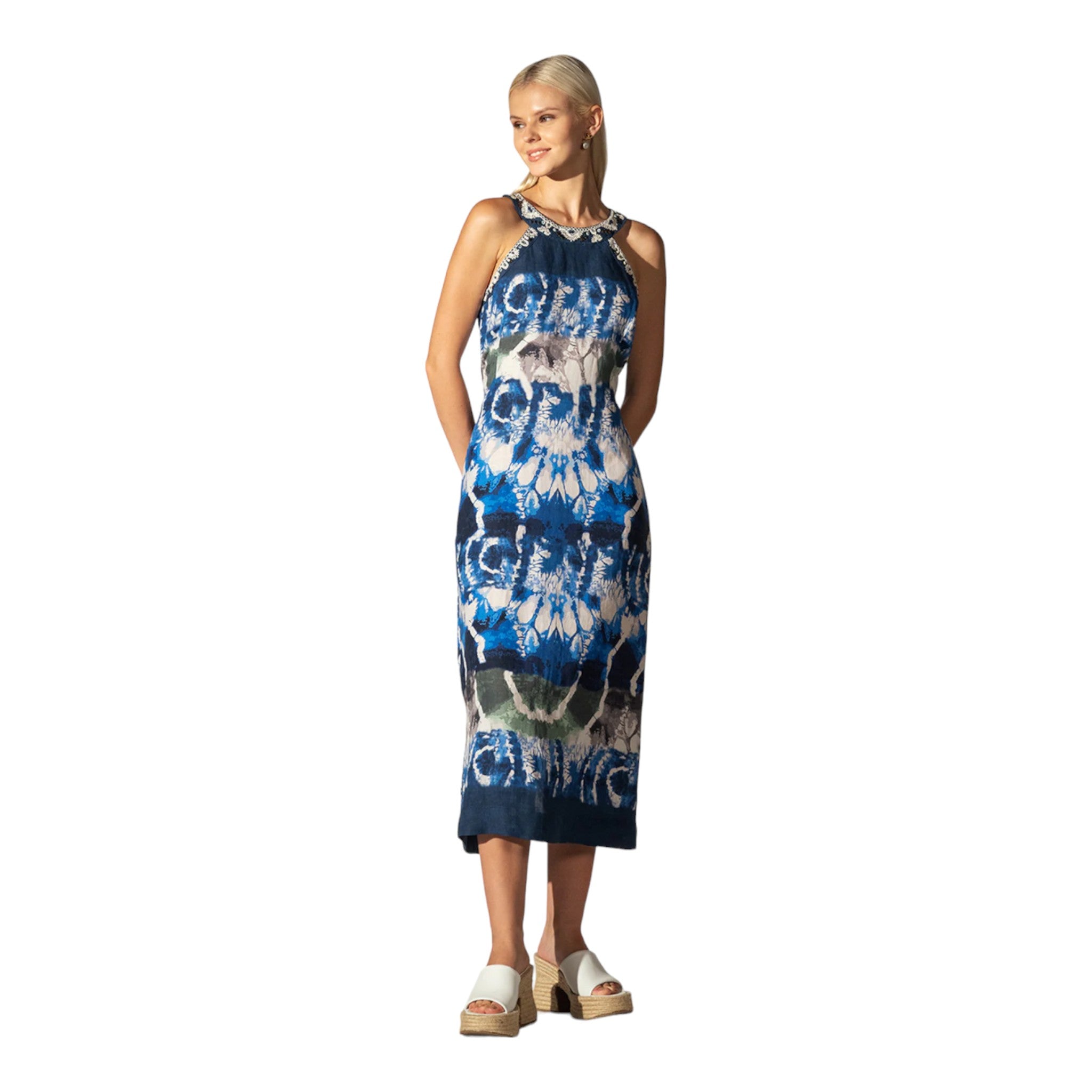 Ranna Gill - Andy Embroidered Halter Midi Dress - Indigo Shibori