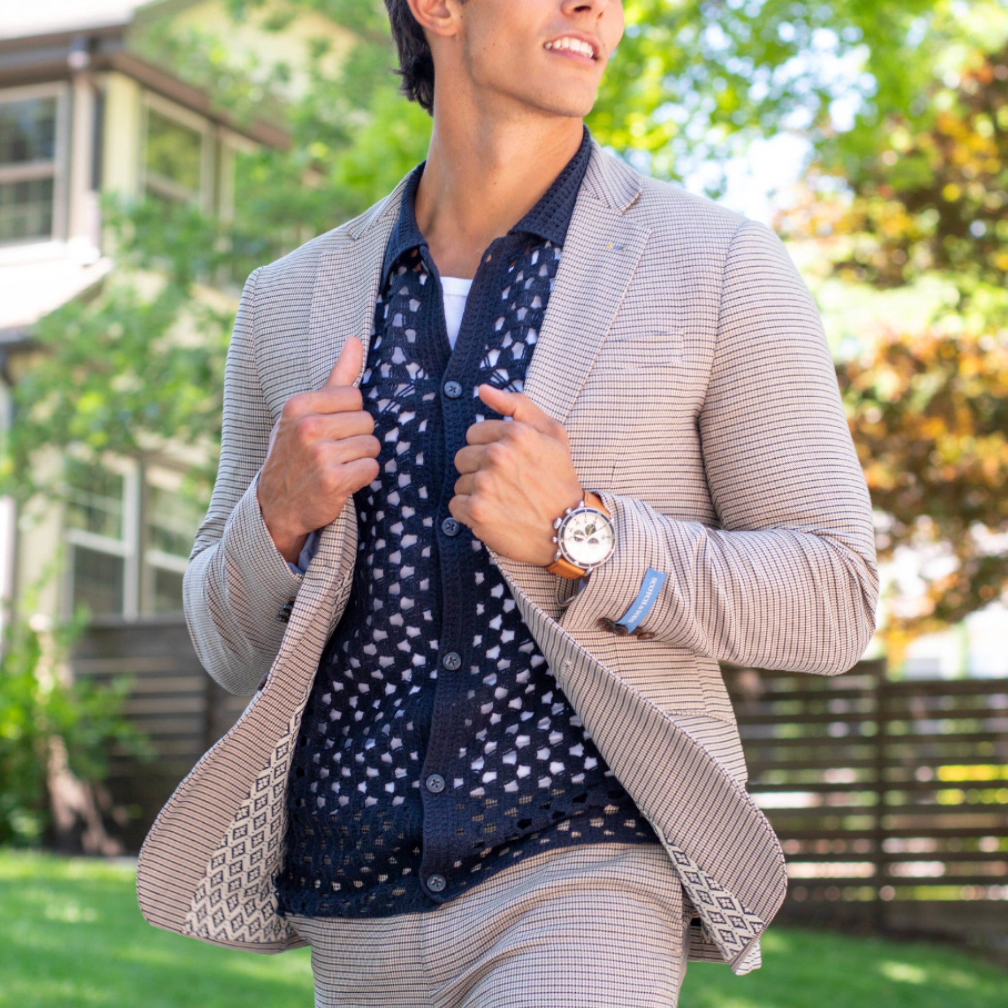 Tan striped blazer with front pockets
