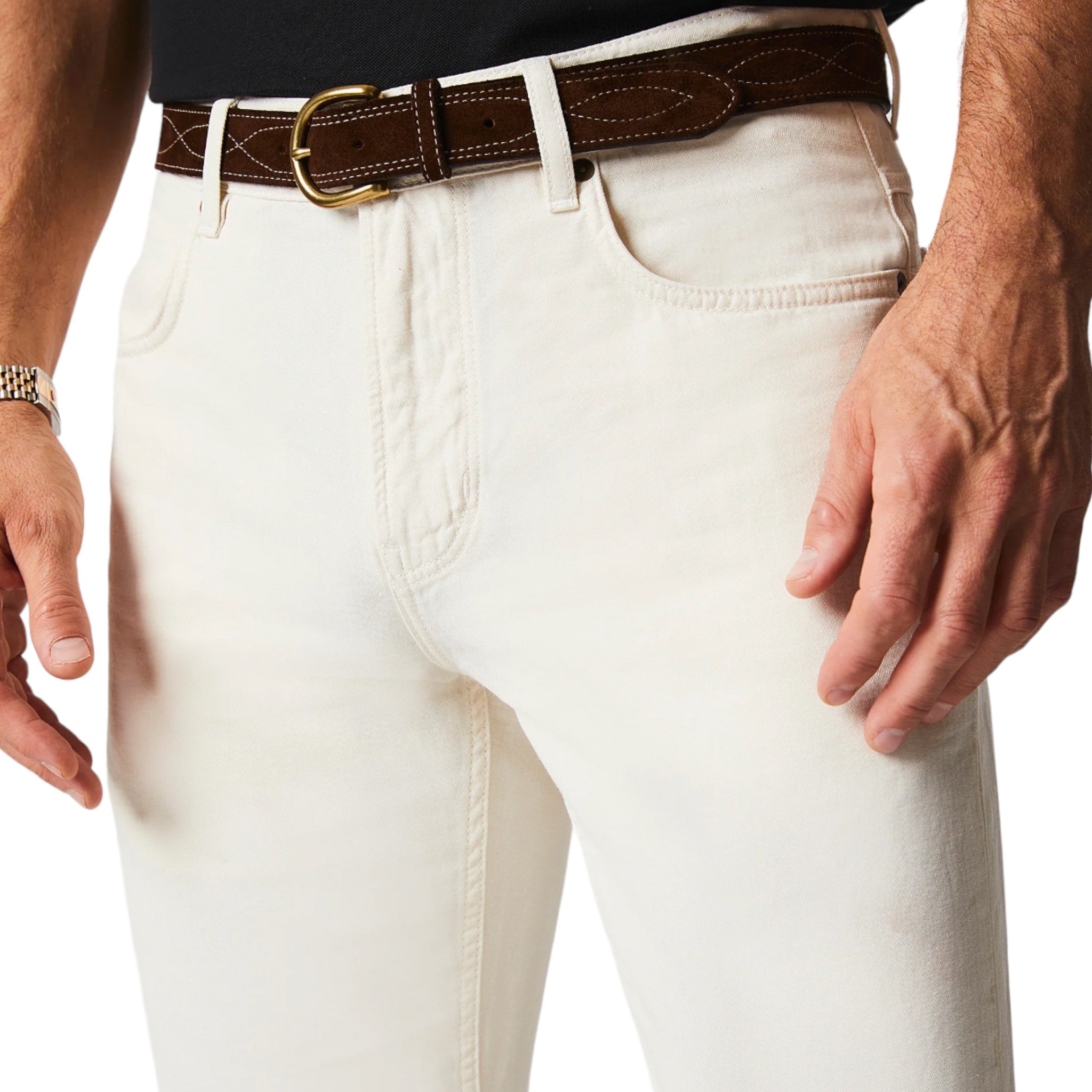 White fitted pant with button and zip closure and two front pockets