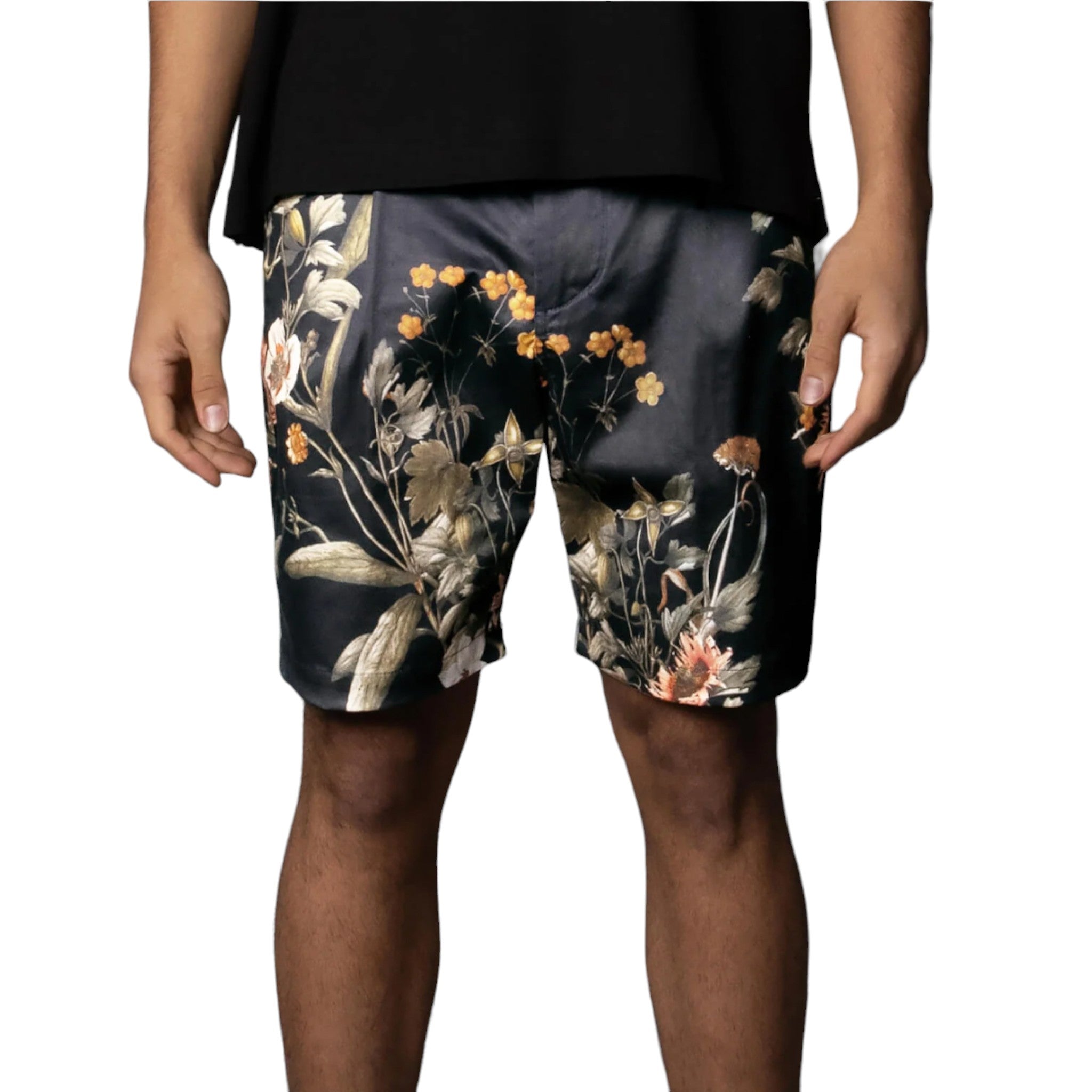 Black flower print shorts with button and zip closure