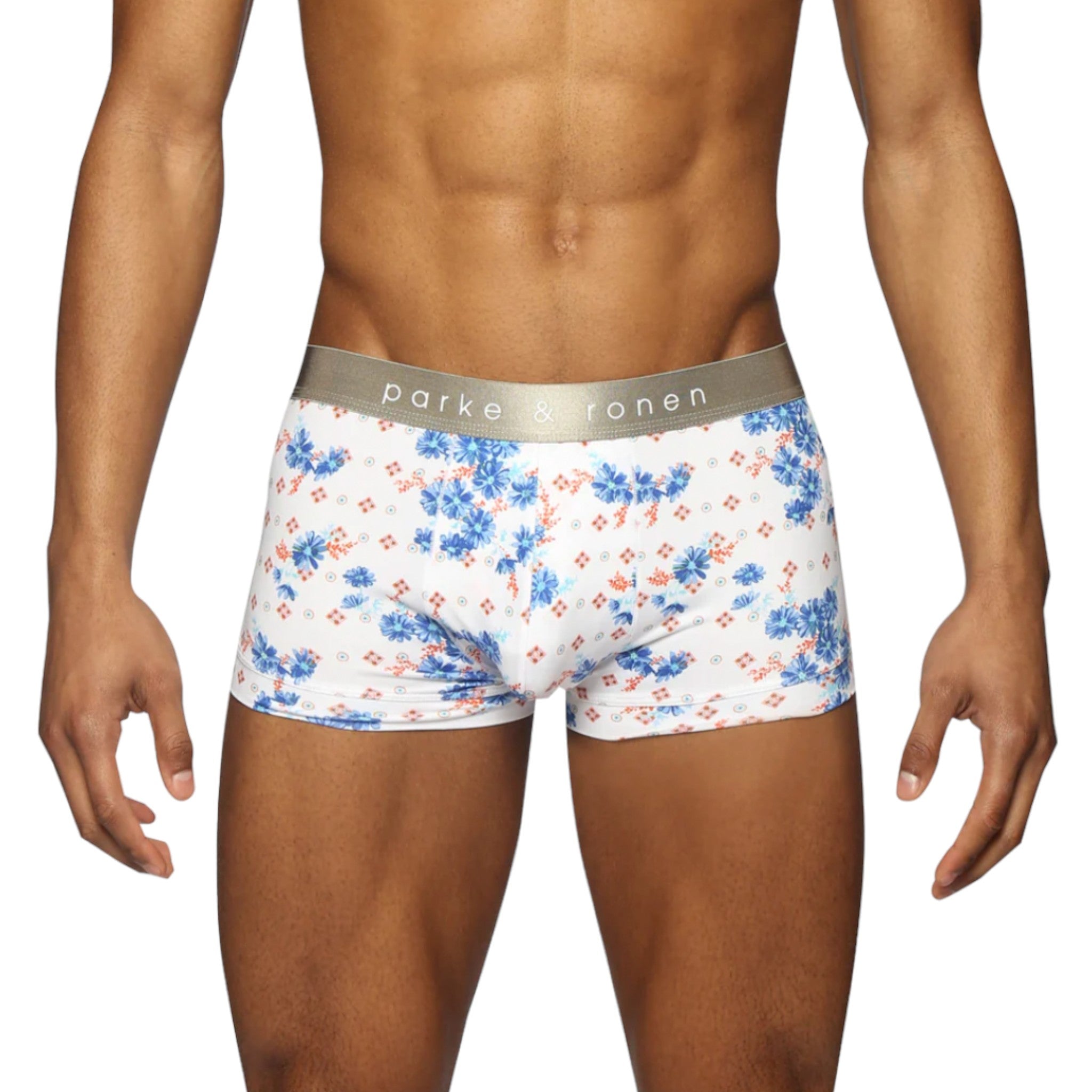 White and blue boxer briefs with silver band