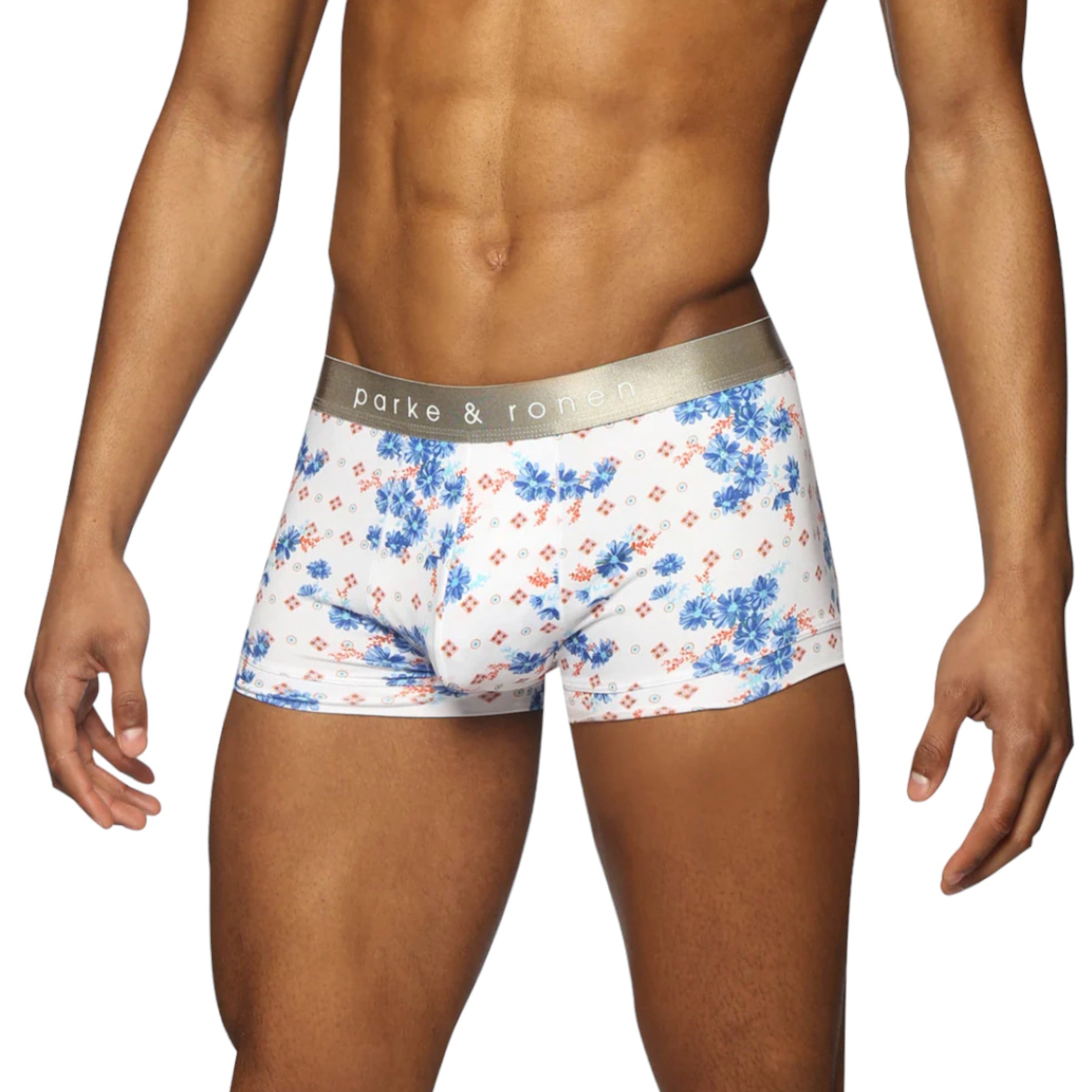 White and blue boxer briefs with silver band