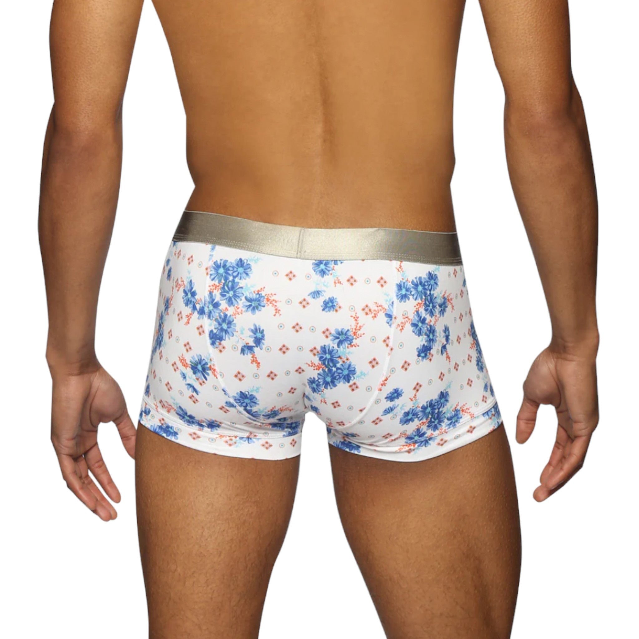 White and blue boxer briefs with silver band