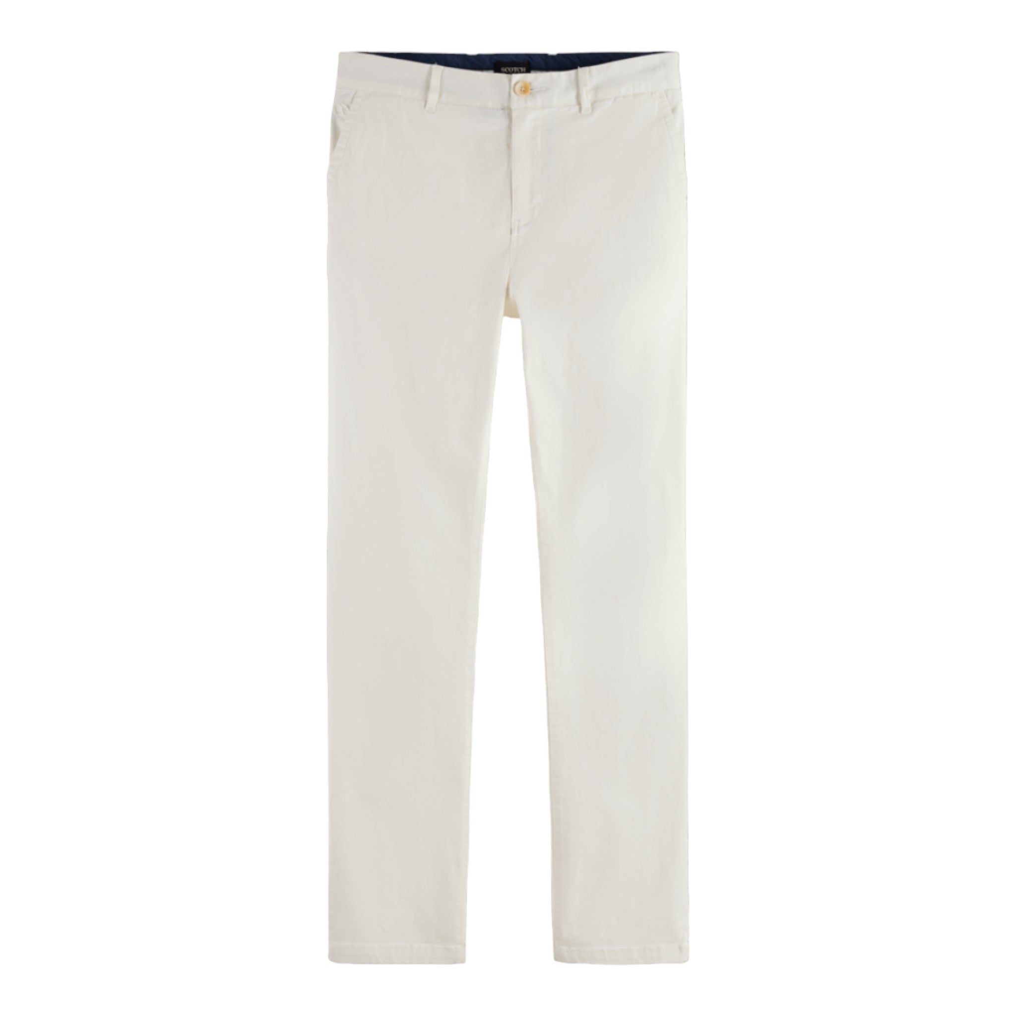 White fitted pants with button and zip closure