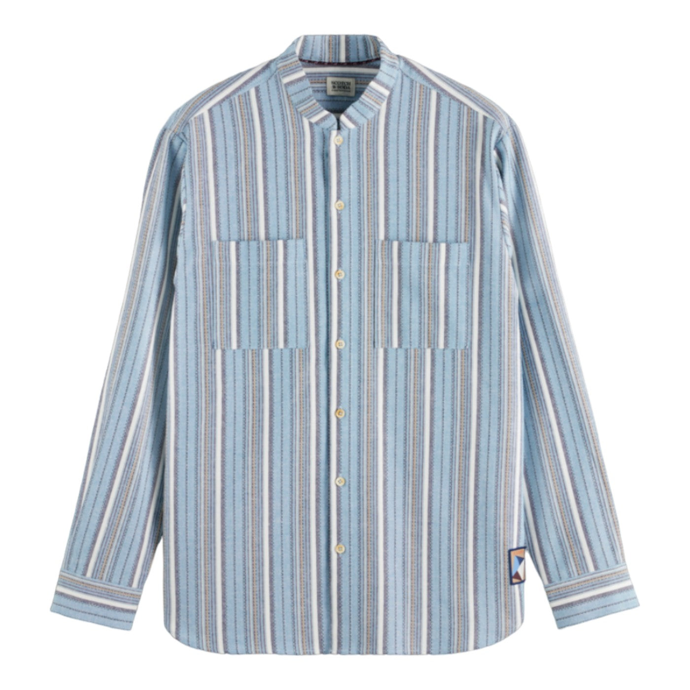 Blue striped long sleeve button down with two front pockets