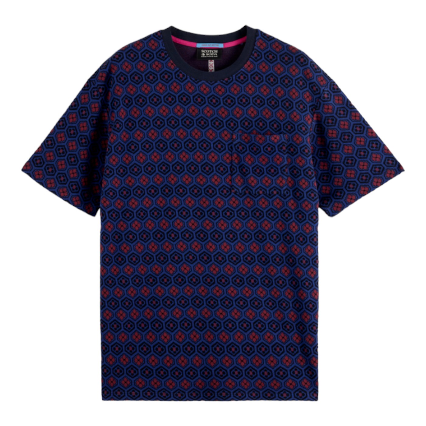Dark blue and red patterned tee shirt
